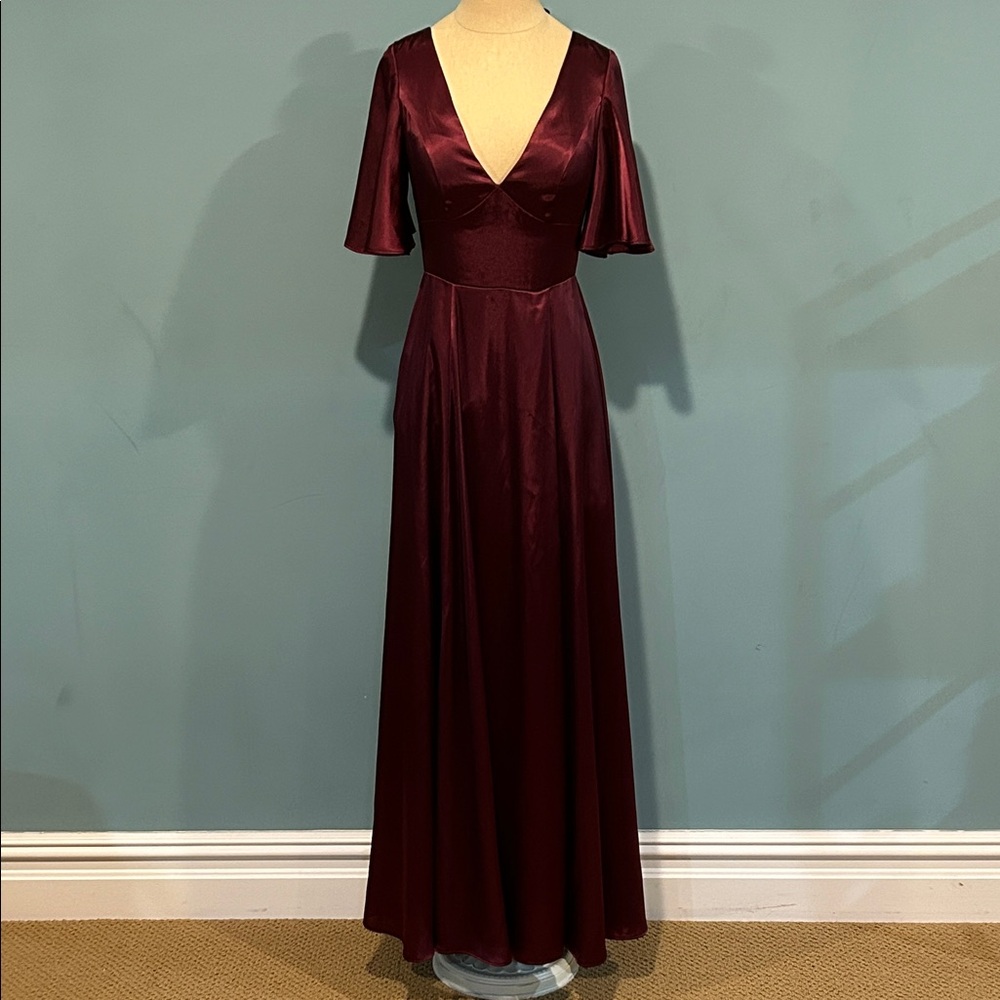 Galina Signature Charmeuse Flutter-Sleeve A-Line Bridesmaid Dress size 0 Wine